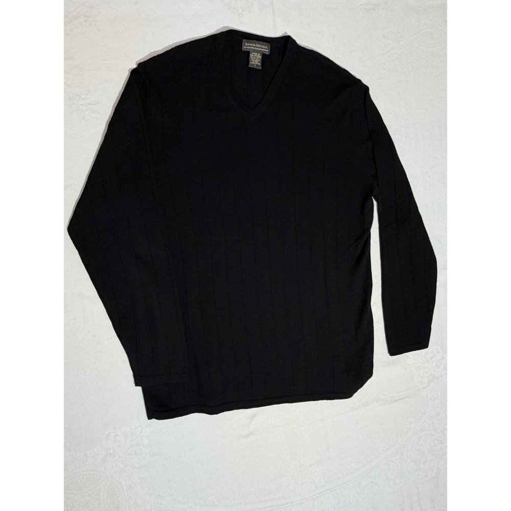 Banana Republic Mens Black Italian Merino Wool V-Neck Ribbed Sweater Large